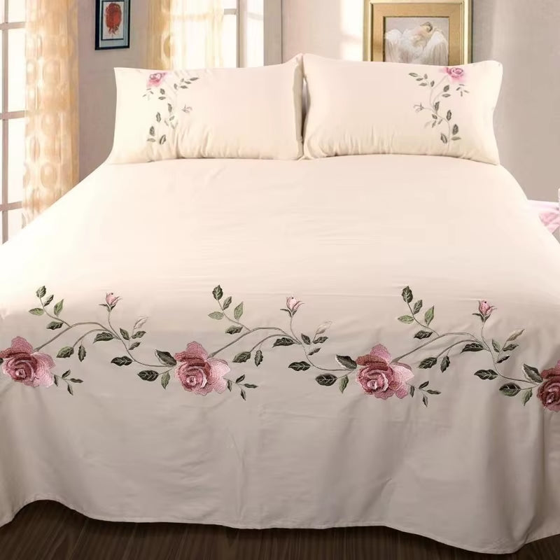 Rose Flora Embroidery Design Flat Bed Sheet Solid Colour Cotton Twill Linen Bedding Luxury Home Textiles Queen King Size