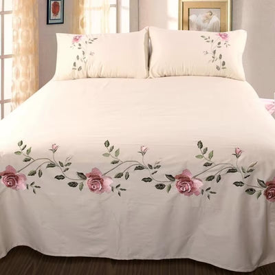 Rose Flora Embroidery Design Flat Bed Sheet Solid Colour Cotton Twill Linen Bedding Luxury Home Textiles Queen King Size
