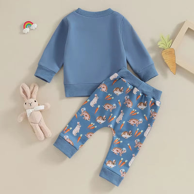 Toddler Boys Easter Pants Sets Blue Long Sleeve Sweatshirt Bunny Carrot Print Pants Sets