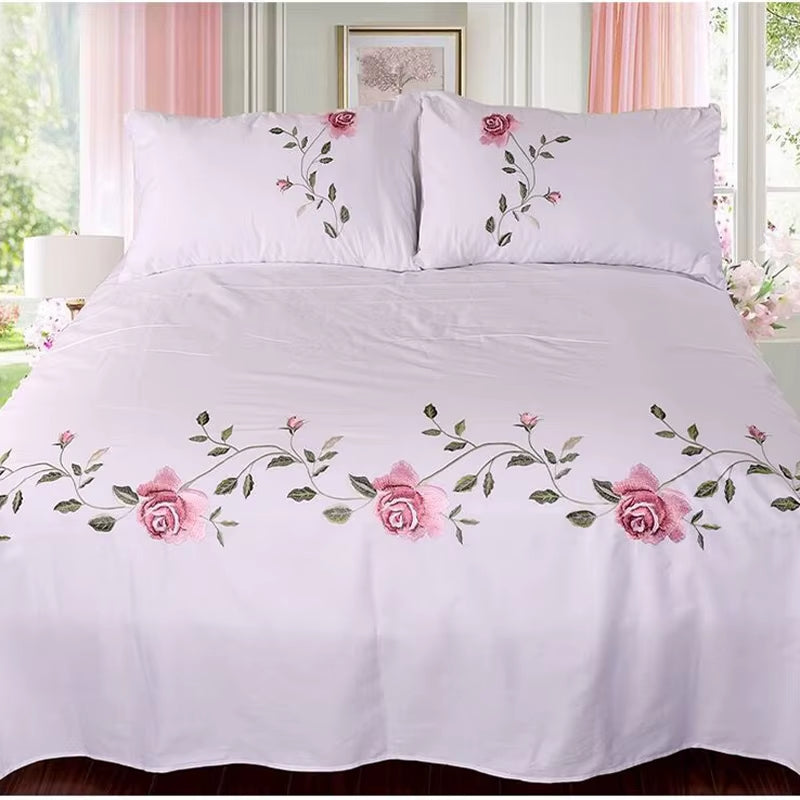 Rose Flora Embroidery Design Flat Bed Sheet Solid Colour Cotton Twill Linen Bedding Luxury Home Textiles Queen King Size