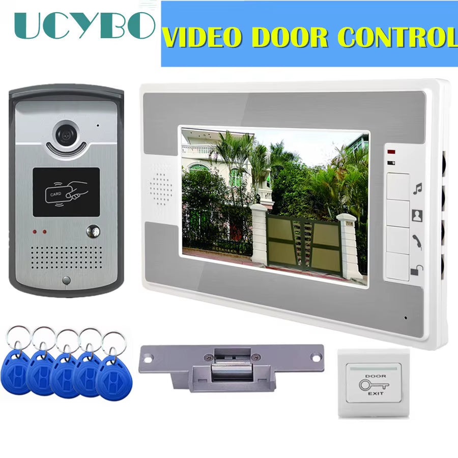 Video Intercom Access Control System Door Camera Waterproof 1000TVL RFID Electric Door Lock 7" Video Door Phone Entry System