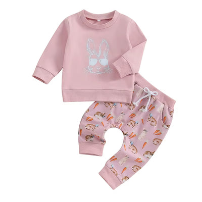 Toddler Boys Easter Pants Sets Blue Long Sleeve Sweatshirt Bunny Carrot Print Pants Sets