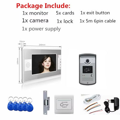 Video Intercom Access Control System Door Camera Waterproof 1000TVL RFID Electric Door Lock 7" Video Door Phone Entry System