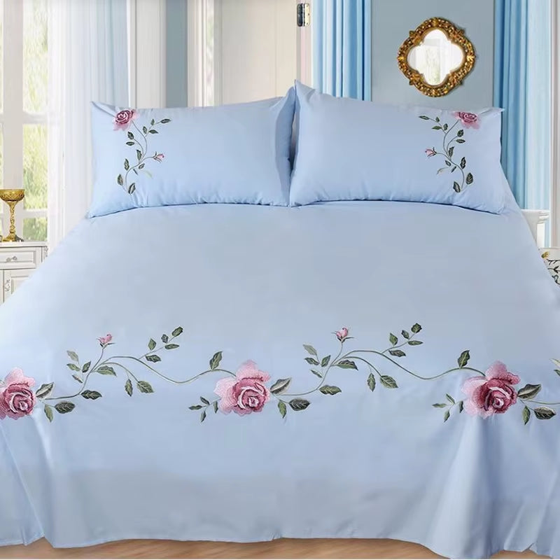 Rose Flora Embroidery Design Flat Bed Sheet Solid Colour Cotton Twill Linen Bedding Luxury Home Textiles Queen King Size