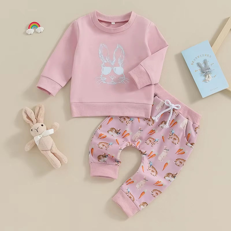 Toddler Boys Easter Pants Sets Blue Long Sleeve Sweatshirt Bunny Carrot Print Pants Sets