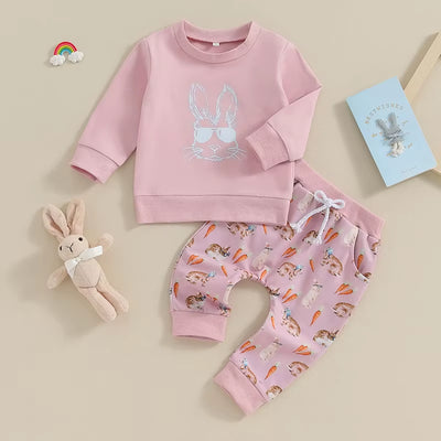 Toddler Boys Easter Pants Sets Blue Long Sleeve Sweatshirt Bunny Carrot Print Pants Sets
