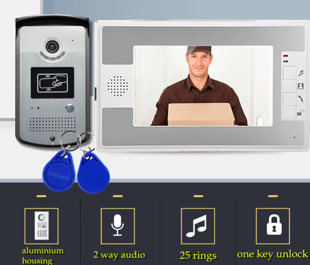 Video Intercom Access Control System Door Camera Waterproof 1000TVL RFID Electric Door Lock 7" Video Door Phone Entry System