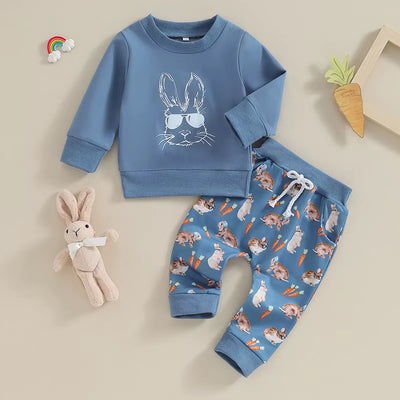 Toddler Boys Easter Pants Sets Blue Long Sleeve Sweatshirt Bunny Carrot Print Pants Sets