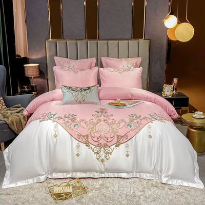 Super King 4Pcs Satin Cotton Rich Silky Duvet Cover Set Embroidery Patchwork Bedding Set Soft Cotton Bed Sheet Pillowcases