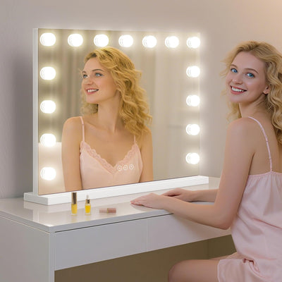 Vanity Mirror with Lights Lighted Makeup Mirror with 15 Dimmable LED Bulbs,3 Color Lighting Modes,Usb Charging Port Touch Control,Sturdy Metal Frame Design 24X18 Inch,White