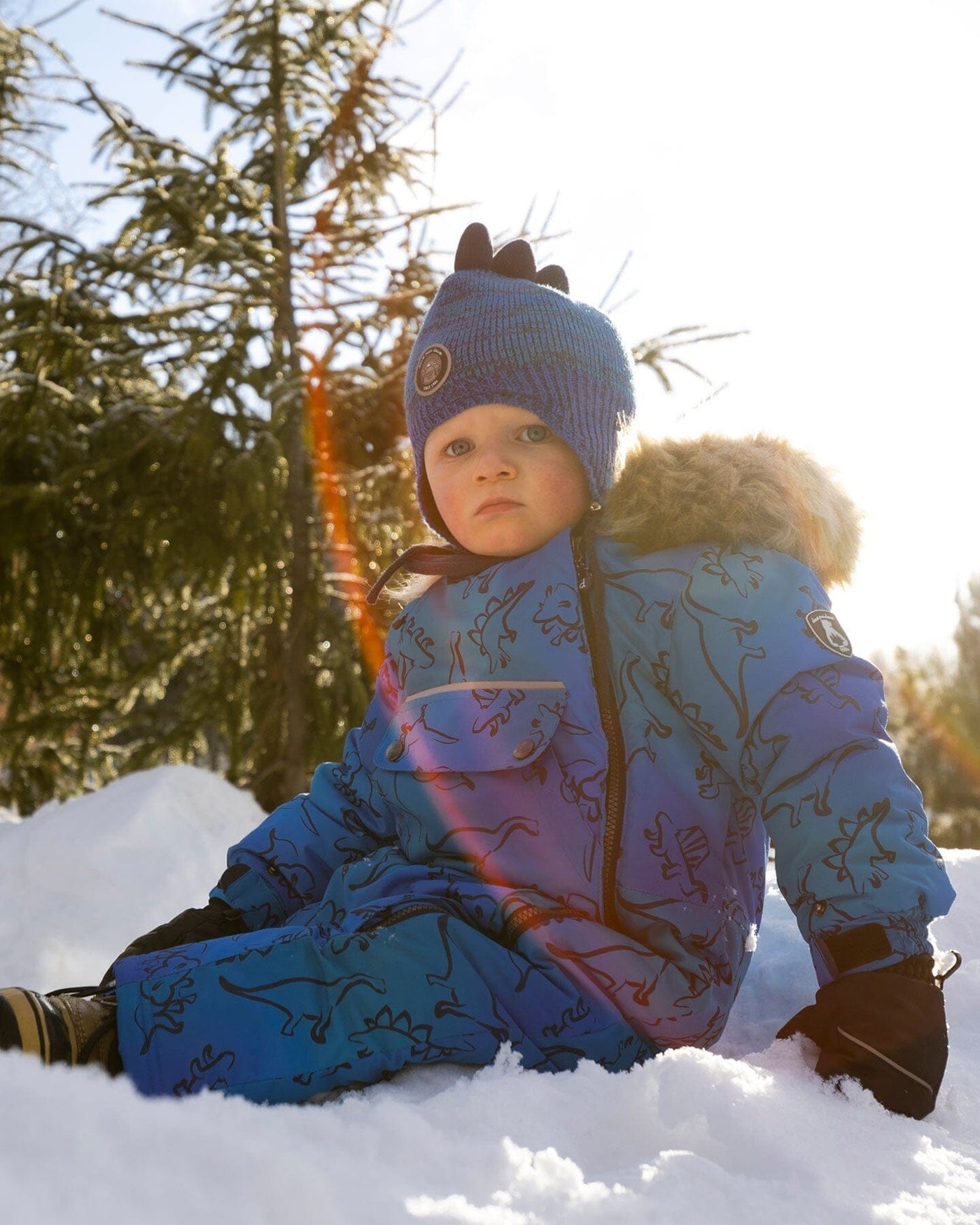 One-Piece Baby Play Snowsuit Designed For Car Seat Blue Gradient Dinosaur Print