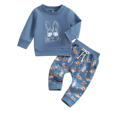 Toddler Boys Easter Pants Sets Blue Long Sleeve Sweatshirt Bunny Carrot Print Pants Sets