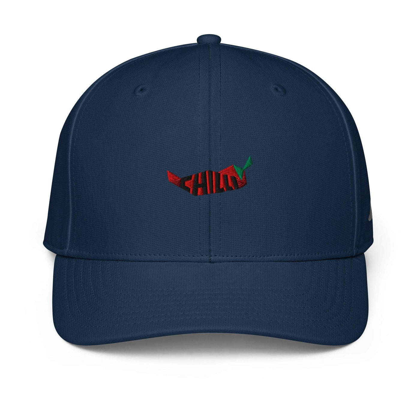 Navy adidas performance cap with embroidered chili pepper design, moisture-wicking fabric, and pre-curved visor