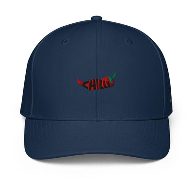 Navy adidas performance cap with embroidered chili pepper design, moisture-wicking fabric, and pre-curved visor