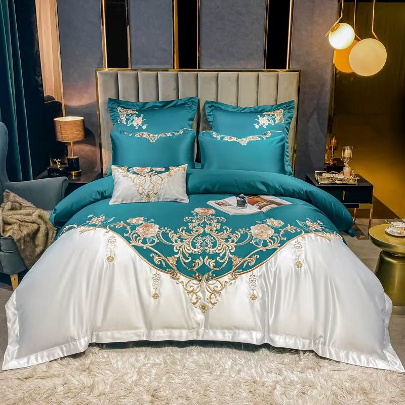 Super King 4Pcs Satin Cotton Rich Silky Duvet Cover Set Embroidery Patchwork Bedding Set Soft Cotton Bed Sheet Pillowcases