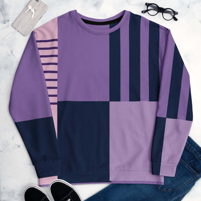 Unisex sweatshirt with purple and navy geometric patterns, made from soft brushed fleece fabric