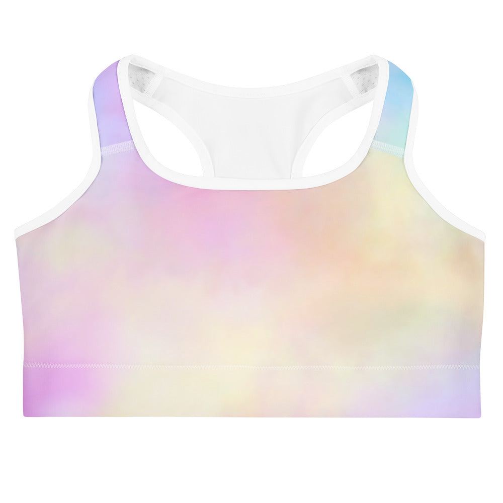 Pastel multicolor moisture-wicking sports bra with scoop neckline and racerback design for support and comfort