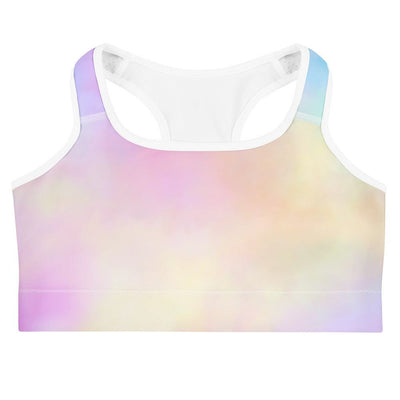 Pastel multicolor moisture-wicking sports bra with scoop neckline and racerback design for support and comfort