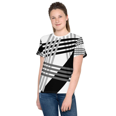 Youth crew neck t-shirt with black and white geometric design made of soft stretch fabric, worn by a teen girl