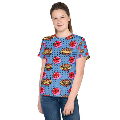 Teen wearing a colorful youth crew neck t-shirt with comic-style lips and "SMACK" print
