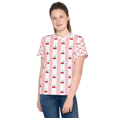 Youth crew neck t-shirt with pink and white stripes and cherry print worn by teen girl