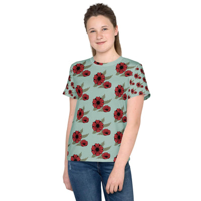 Youth crew neck t-shirt with red floral print on light green background worn by teen girl