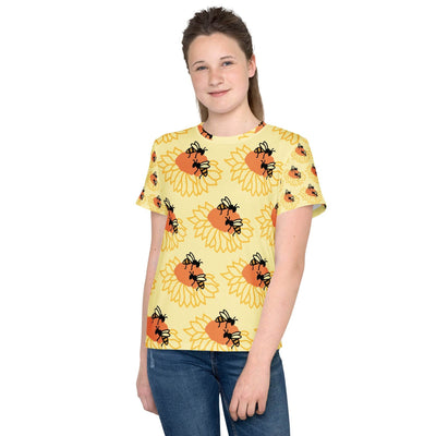 Youth crew neck t-shirt with colorful bee and sunflower design on soft, stretchy fabric worn by teen girl