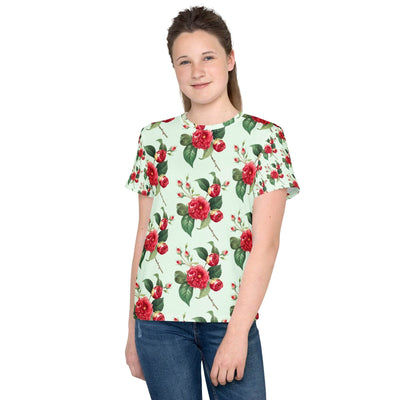 Youth crew neck t-shirt with colorful floral design, soft stretchy fabric, and regular fit for teens.