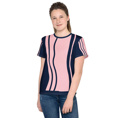 Youth crew neck t-shirt with pink and navy wavy stripes on a teen model