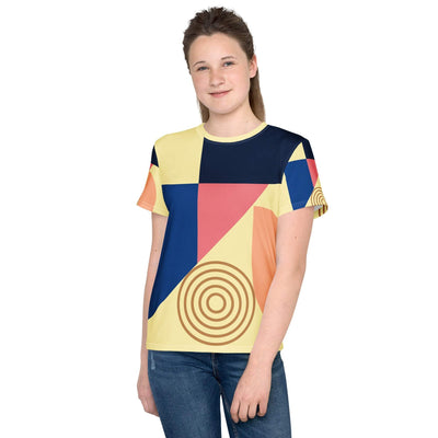 Youth crew neck t-shirt with colorful geometric design, soft stretch fabric, regular fit, ideal for teens
