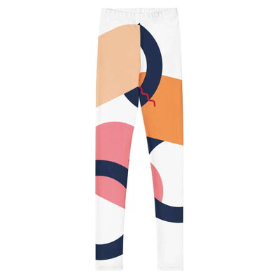 Youth leggings with vibrant abstract geometric pattern in peach, orange, pink, and navy blue on white background, made of soft stretchy microfiber fabric for comfort and durability