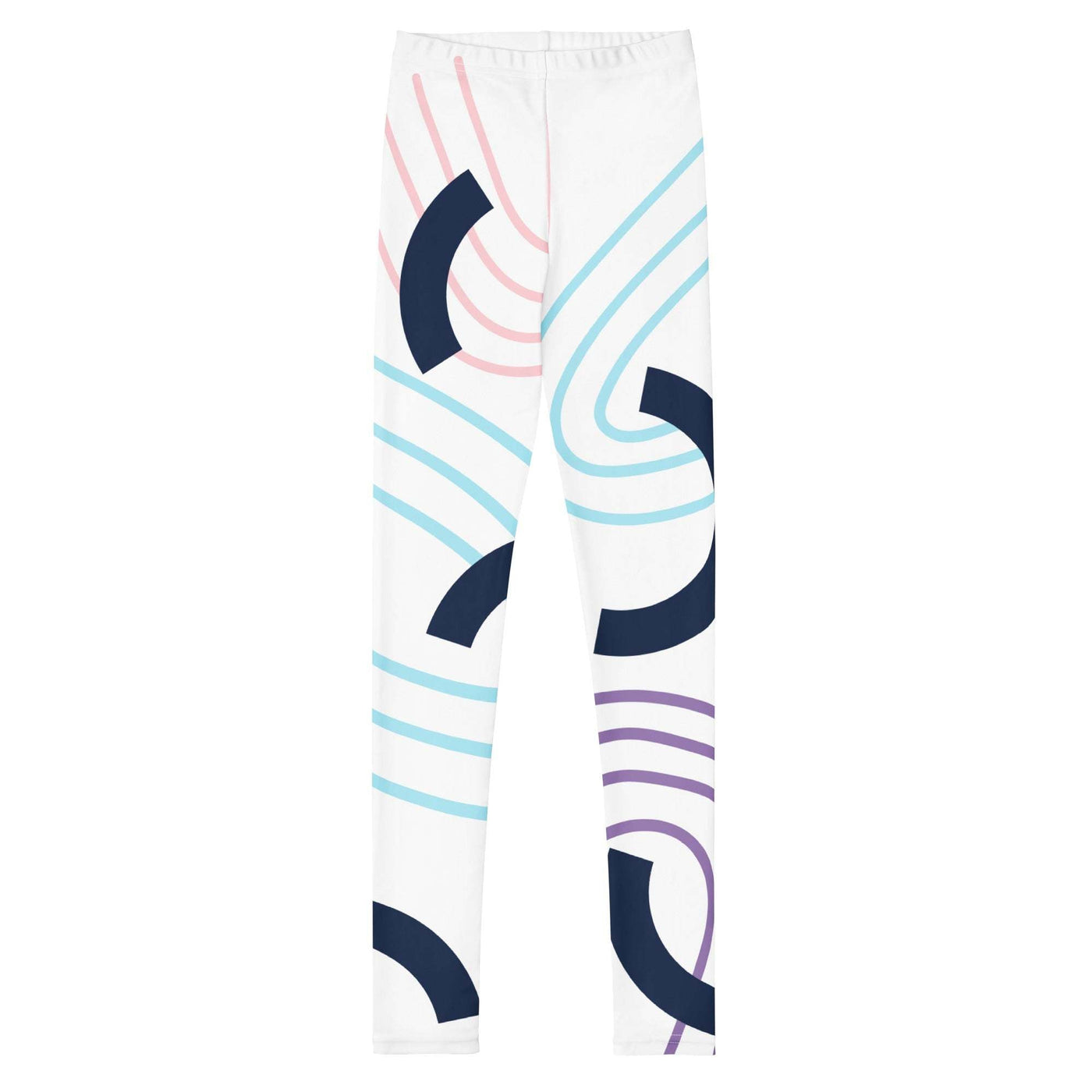 Youth leggings with elastic, soft fabric featuring vibrant pastel-colored abstract curves on a white background.