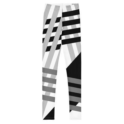 Youth leggings with black, white, and gray geometric stripe design made from soft, stretchy microfiber fabric for comfort and durability.