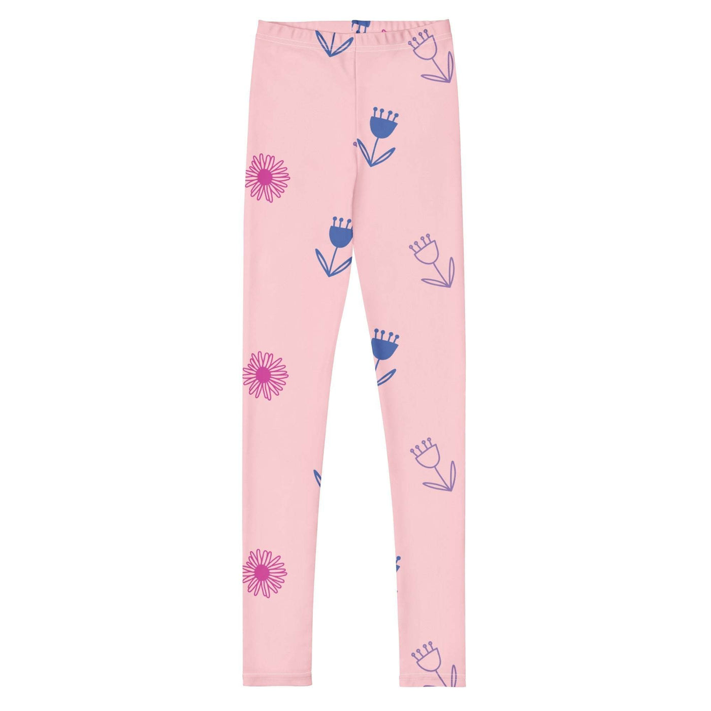 Pink youth leggings with blue and purple floral patterns, soft and stretchy for comfortable fit