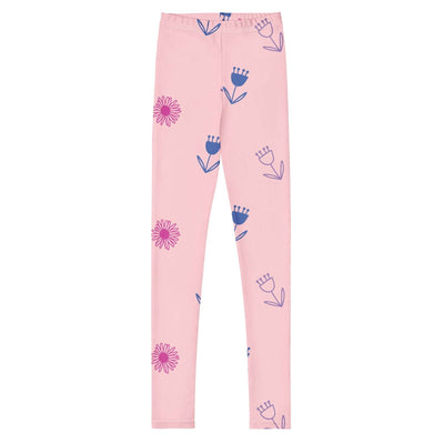 Pink youth leggings with blue and purple floral patterns, soft and stretchy for comfortable fit