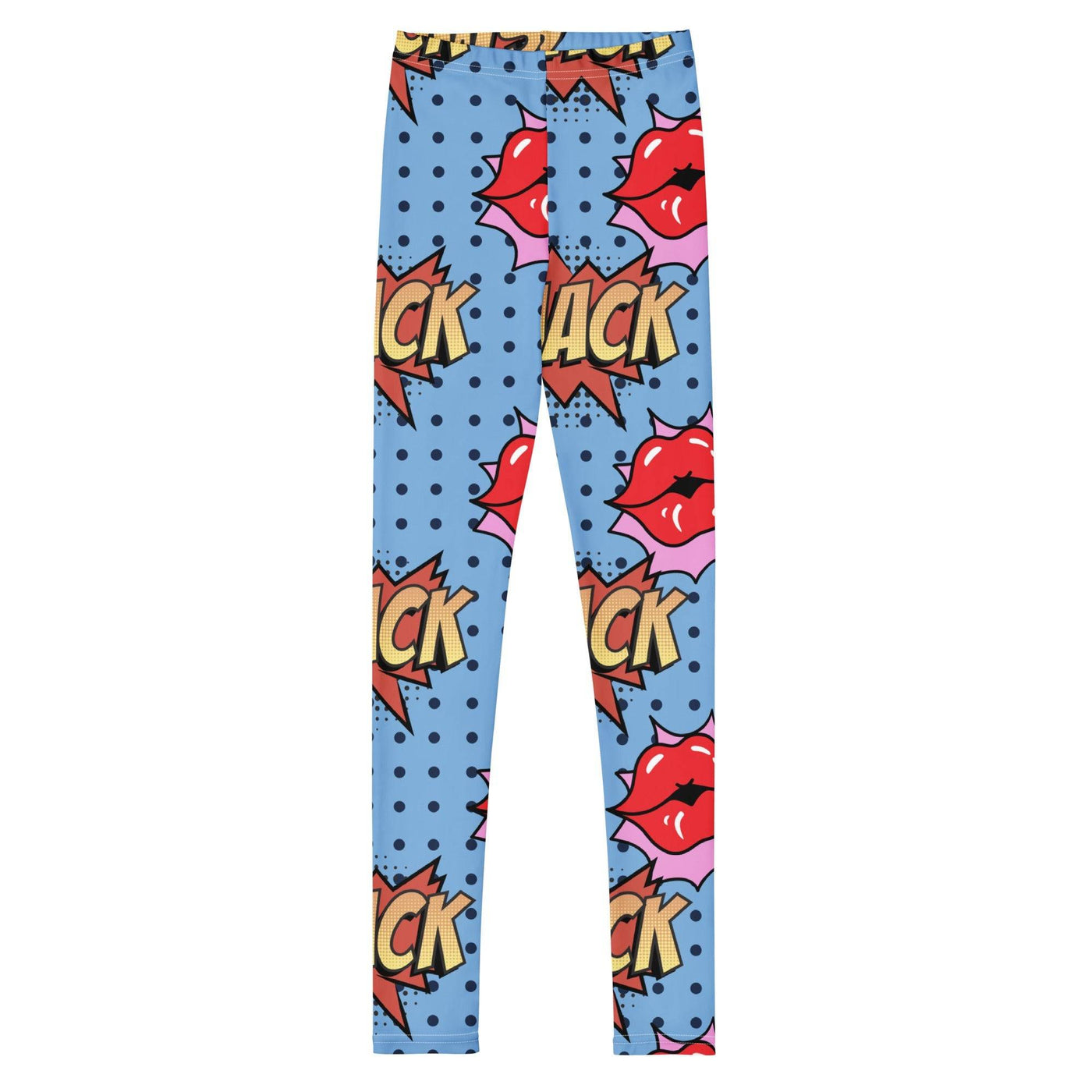 Colorful youth leggings with comic-style lips and "ACK" text pattern on blue background, made from soft stretchy microfiber fabric.