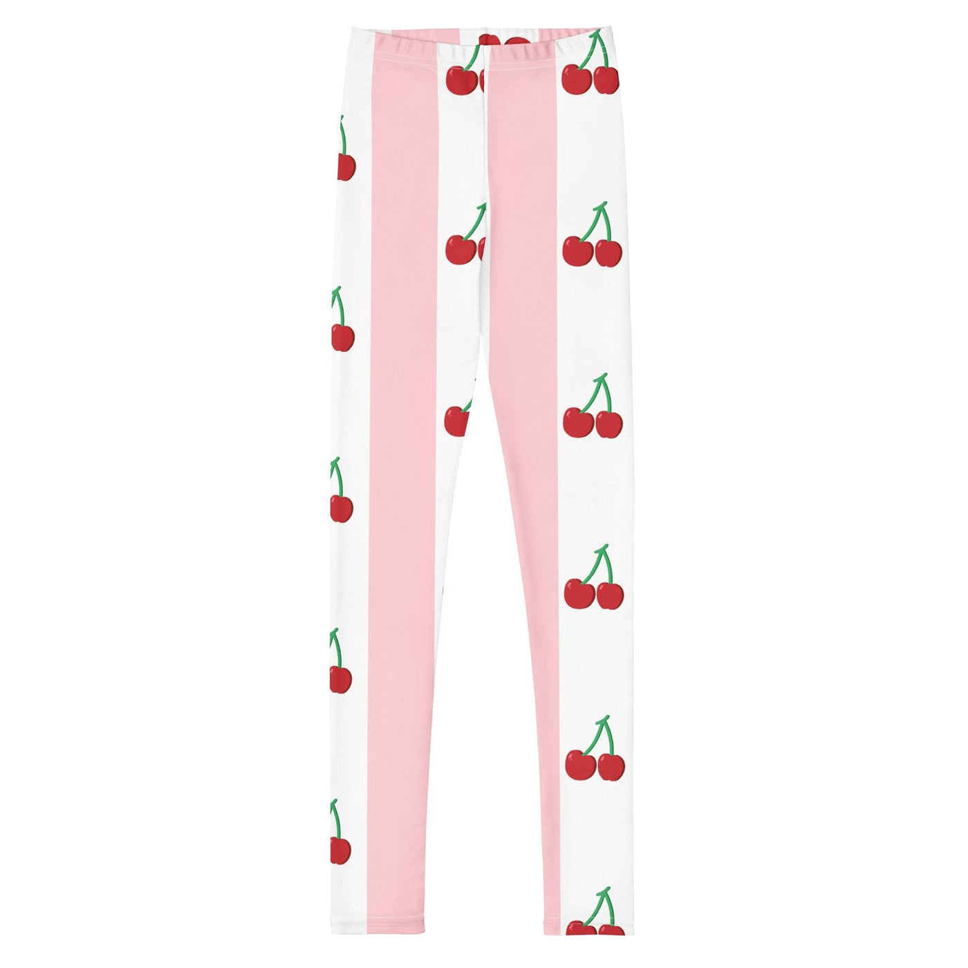 Youth leggings with pink and white vertical stripes and cherry print, made from soft, stretchy microfiber fabric for a comfortable fit.