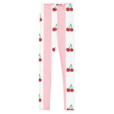 Youth leggings with pink and white vertical stripes and cherry print, made from soft, stretchy microfiber fabric for a comfortable fit.