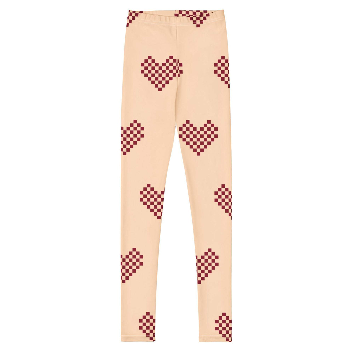 Youth leggings with beige base and maroon checkered heart patterns, stretchy and soft fabric for comfortable fit.
