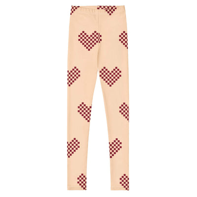 Youth leggings with beige base and maroon checkered heart patterns, stretchy and soft fabric for comfortable fit.