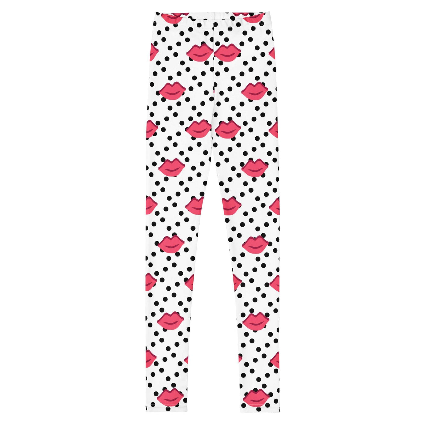Youth leggings with pink lips and black polka dot pattern on white background, made of stretchy microfiber fabric for comfort and durability.