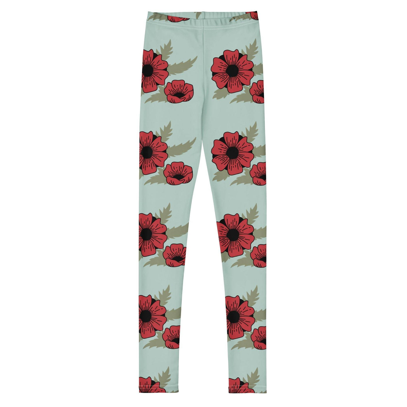 Youth leggings with vibrant red floral print on light blue, made from soft, stretchy polyester-spandex fabric for comfort and durability.
