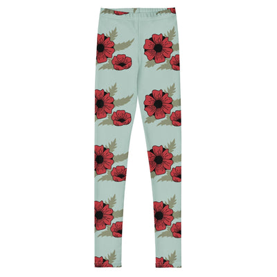 Youth leggings with vibrant red floral print on light blue, made from soft, stretchy polyester-spandex fabric for comfort and durability.