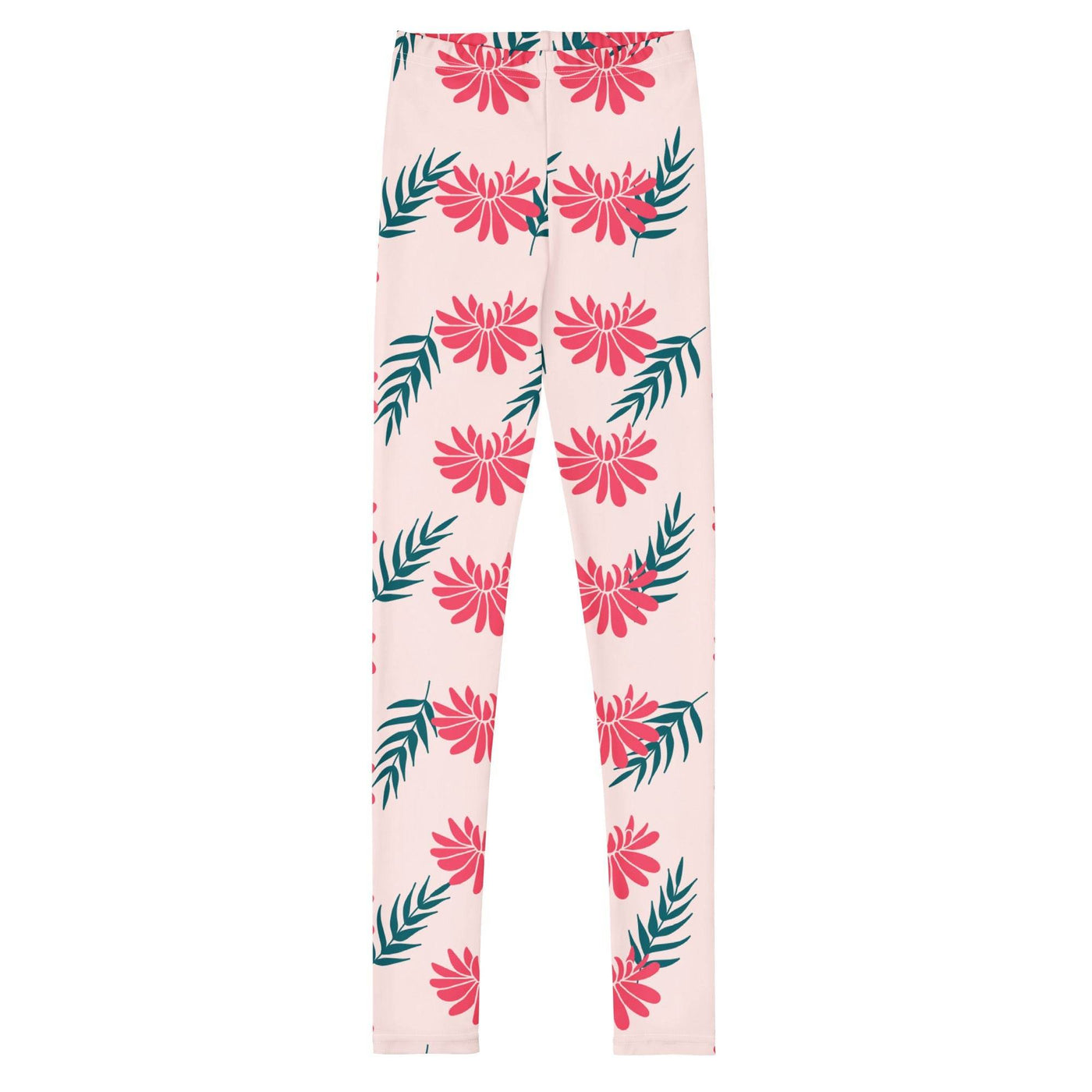 Youth leggings with pink floral and green leaf pattern, soft and stretchy fabric for comfort and durability.