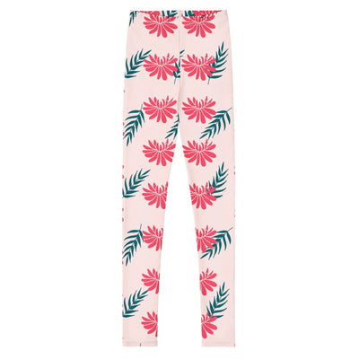 Youth leggings with pink floral and green leaf pattern, soft and stretchy fabric for comfort and durability.