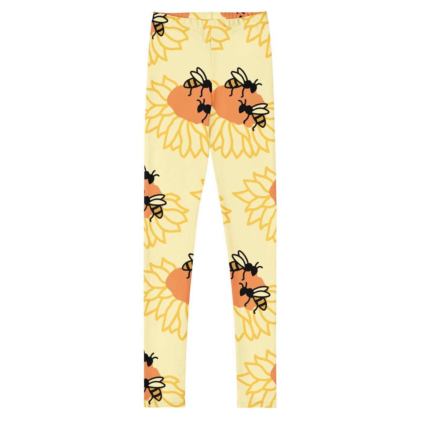 Youth leggings with yellow sunflower and black bee print, made of soft stretchy microfiber for comfort and durability.