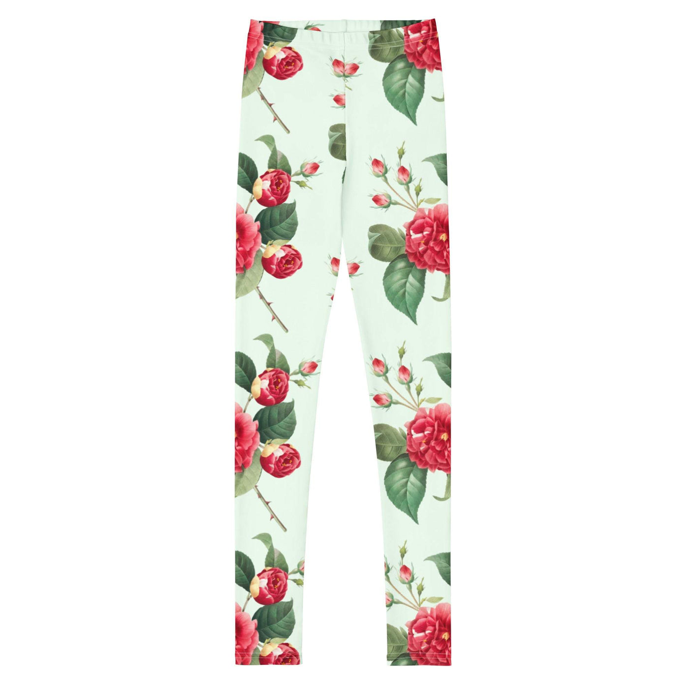 Youth leggings with red floral print on light background, soft and stretchy for comfort and perfect fit.