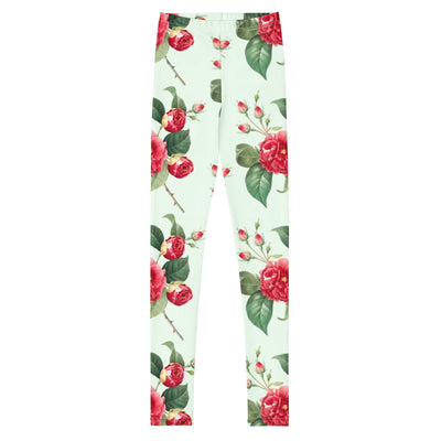 Youth leggings with red floral print on light background, soft and stretchy for comfort and perfect fit.