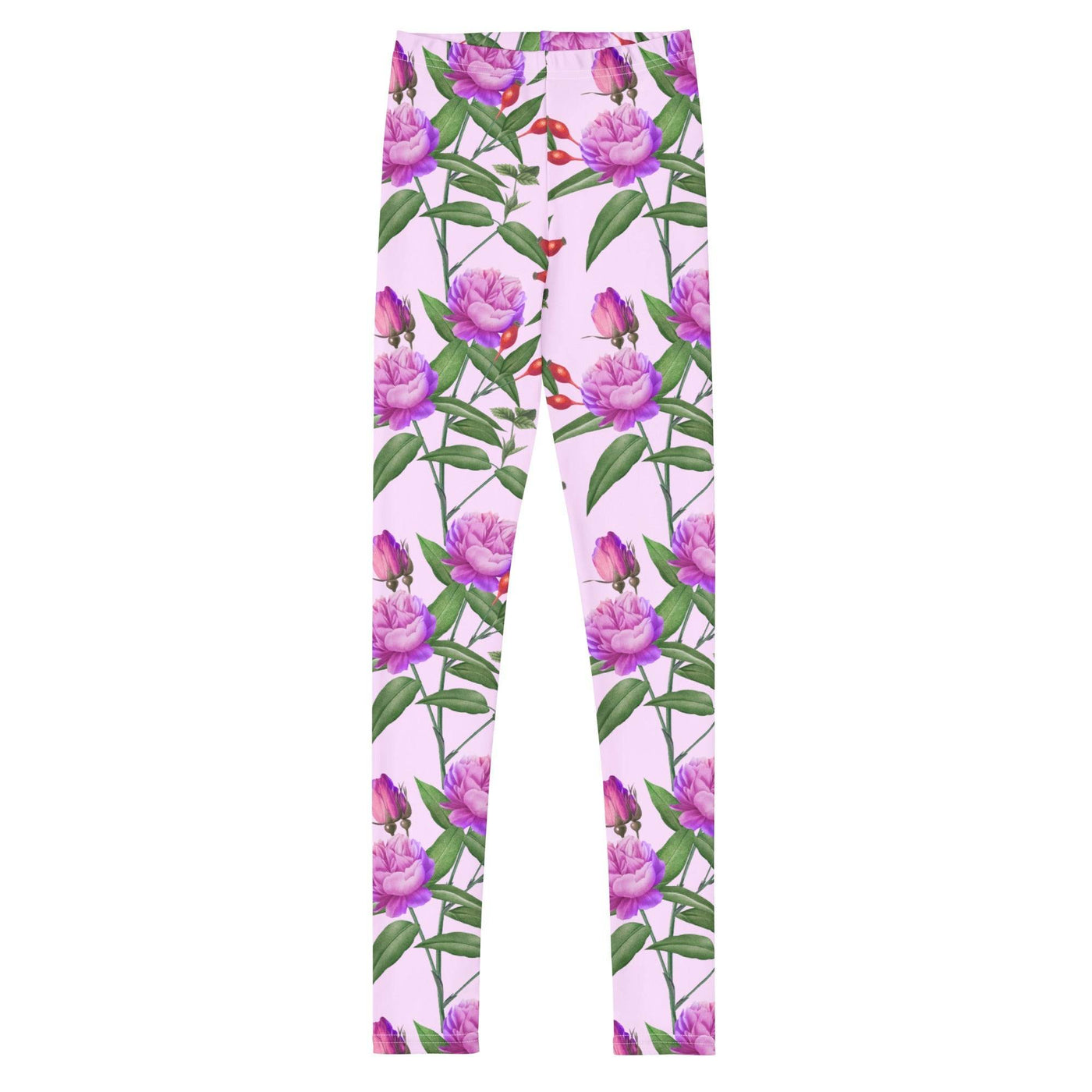 Youth leggings with vibrant pink floral pattern, soft and stretchy fabric for comfort and a perfect fit