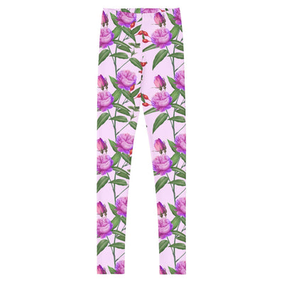 Youth leggings with vibrant pink floral pattern, soft and stretchy fabric for comfort and a perfect fit